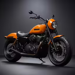 an orange motorcycle is in the dark light
