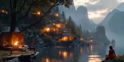a person is sitting near a small lake