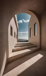 some concrete stairs a white building with windows and a sky background