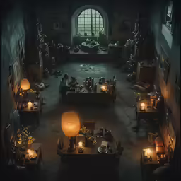 a dark room with lots of tables surrounded by lit candles