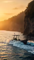 a ship sailing next to the shore in the sun