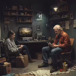 two people sitting in chairs in an otherwise empty room