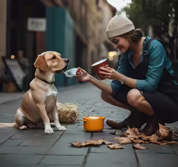 there is a woman feeding her dog coffee