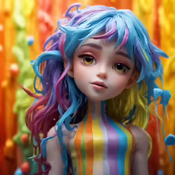 a painting of a girl with curly hair with multi colored makeup