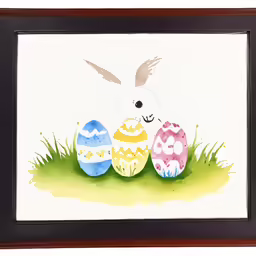 the watercolor drawing depicts easter eggs on grass