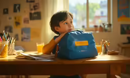 a little kid is sitting at a table