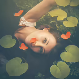 a young woman laying on the ground in front of green leaves