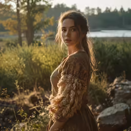 the woman in a long dress stands alone