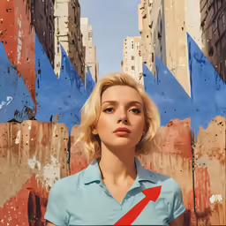 a woman looking back at the camera with a painted mural of buildings and a red arrow in the foreground