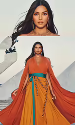a woman in an orange and yellow gown
