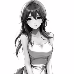 an anime girl sitting down with her hands on her hips