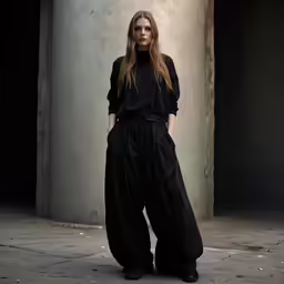 a woman in black clothing stands in front of an old concrete column