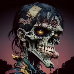 a skull with hair and orange eyes in an illustration