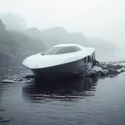 a white hovers on a body of water with a shore line in the background