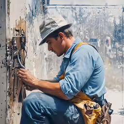 a man with yellow apron and hat works on a piece of wood