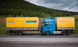 a truck and trailer are side by side on the road,a truck drives by the side of a road with a hilly background