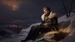 a man wearing winter attire is sitting on snow covered hill,a painting of a man in costume on a snowy hill