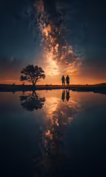 two people walk along a dark stretch of water under a colorful sky