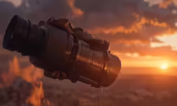 a person holding a camera in the air at sunset