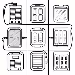 a graphic shows the components for an electronic device,four types of batteries in four different lines