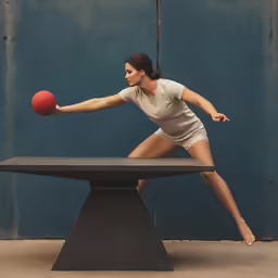 an image of a woman bouncing a ball on a bench