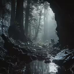 a wet creek flowing into a forest with fog