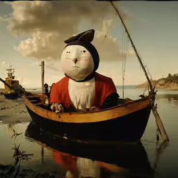 an adorable cat in a boat, sitting next to a sailboat,a statue of a cat is on the water in a boat