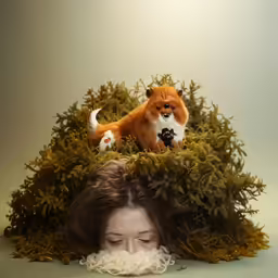 a woman is hiding in the grass with a fox behind her