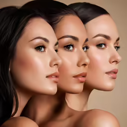 three models with bare heads, four wearing makeup