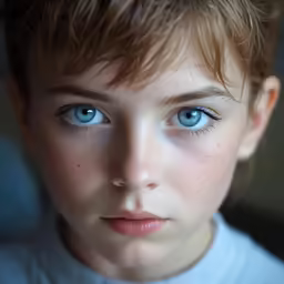 a close - up photo of a person with blue eyes