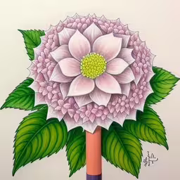 painting of pink flower on green leaves and a marker,a drawing with colored pencils and colored paper