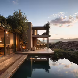 a house with a pool next to it and outside