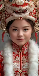 a young girl dressed up in a red and white costume