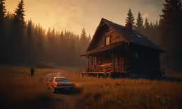 an old house in the middle of a field,a house and car parked on a dirt road