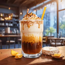 a very tasty looking cup of ice cream with some sauce,iced coffee on table with orange wedges and cookies