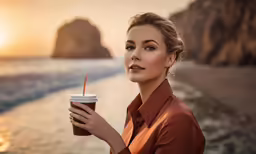 a beautiful woman holding up a cup of coffee