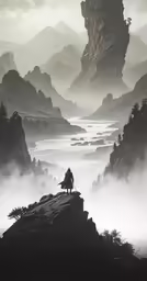a man standing on top of a hill next to a river