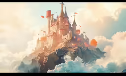 a castle in the clouds on top of a mountain