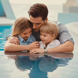 an image of a man with two kids in a pool