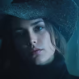 a young woman wearing a gray hat in the rain