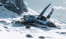 a fighter jet landing on a snowy runway