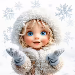 a close - up of a doll wearing winter clothes in the snow