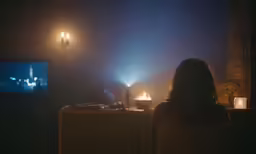 woman watching television at night with a city skyline and two candles