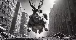 a deer jumping into the air on top of a building