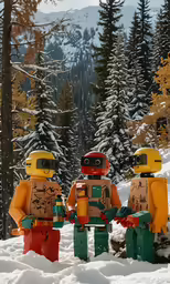 two lego robot men in the snow near trees
