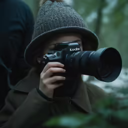 a woman with a camera taking photos in a forest