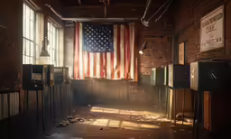 a room with windows, old machines and american flag