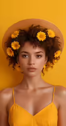 a young woman is wearing flowers in her hair