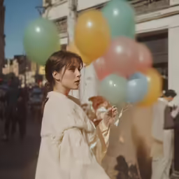 a woman holding a bunch of balloons in a city