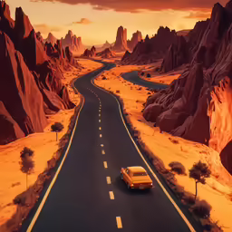 a yellow car travels down an empty mountainous road